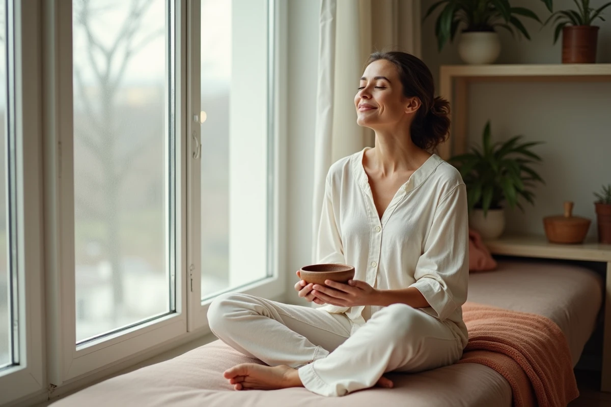 Femme mature appliquant un soin au rooibos sur son visage dans un intérieur scandinave lumineux pour illustrer les bienfaits anti-âge du rooibos