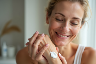Femme souriante appliquant crème hydratante sur le bras