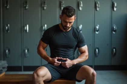 Sportif assis dans un vestiaire appuyant la main sur l'aine après l'effort, expression préoccupée