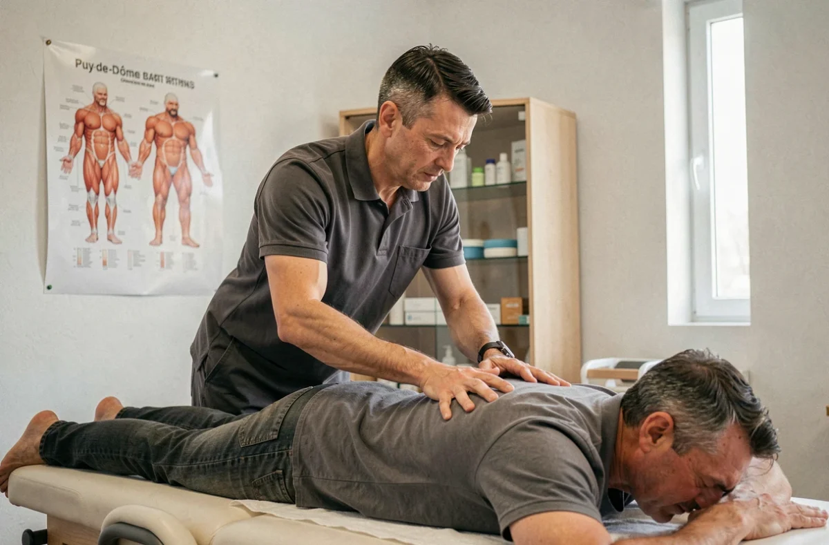 Kinésithérapeute masculin appliquant un massage thérapeutique profond sur le dos d'un patient dans un cabinet du Puy-de-Dôme