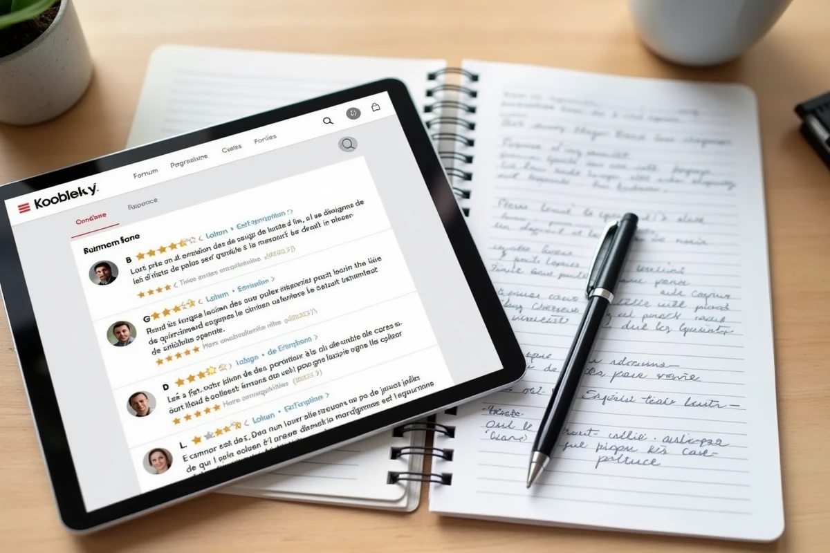 Vue aérienne d'une tablette affichant un forum d'avis sur Indiva System avec un carnet de notes manuscrites sur un bureau