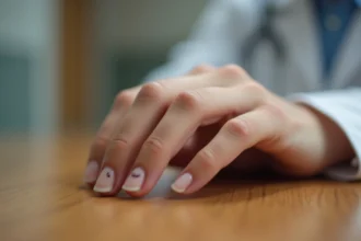 Gros plan sur un ongle présentant une tache noire sous la plaque unguéale, main posée sur un bureau en bois
