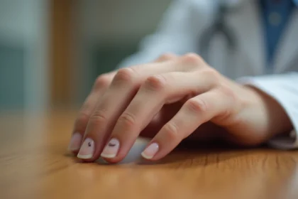 Gros plan sur un ongle présentant une tache noire sous la plaque unguéale, main posée sur un bureau en bois