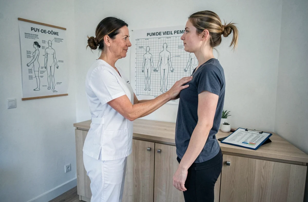 Kinésithérapeute réalisant un bilan postural sur une patiente debout dans un cabinet du Puy-de-Dôme