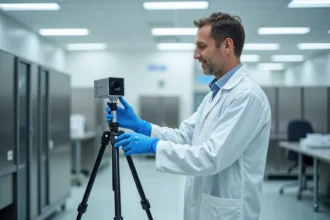 Technicien de laboratoire manipulant un aérobiocollecteur dans une salle blanche conforme aux normes ISO