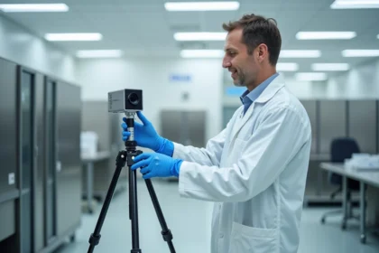 Technicien de laboratoire manipulant un aérobiocollecteur dans une salle blanche conforme aux normes ISO
