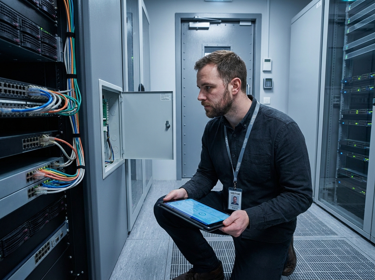 Technicien informatique configurant un système de contrôle d'accès sécurisé dans une salle serveur hospitalière