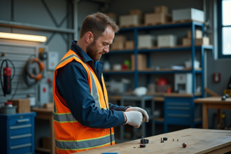 Technicien examinant un bouton SARM dans un atelier industriel