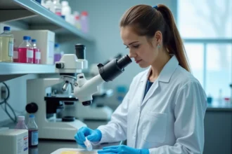 Technicienne de laboratoire médical manipulant un échantillon d'urine pour analyse cytologique des cellules épithéliales