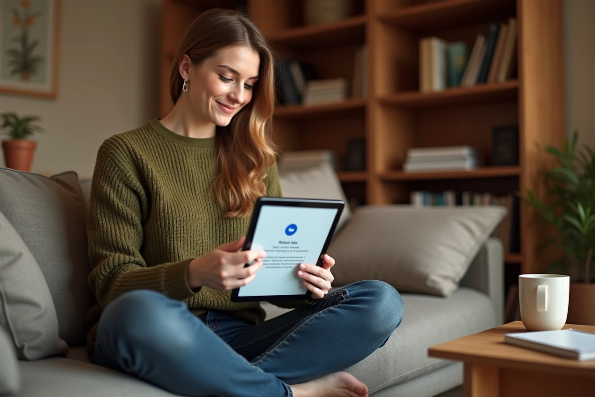 Jeune femme validant l'activation de son compte Mailiz sur une tablette dans un salon confortable