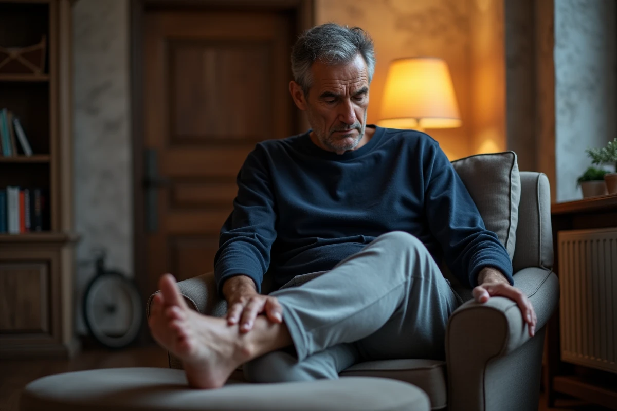 Homme d'âge mûr avec varices visibles sur le mollet, jambe surélevée sur un repose-pieds dans un salon, douleurs vasculaires nocturnes