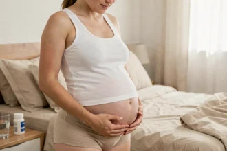 Femme de 6 semaines de grossesse gémellaire tenant son ventre légèrement arrondi dans une chambre cosy