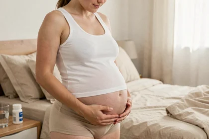 Femme de 6 semaines de grossesse gémellaire tenant son ventre légèrement arrondi dans une chambre cosy