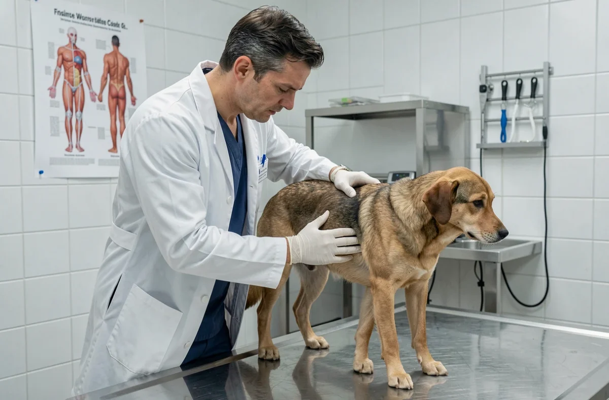 Vétérinaire examinant un chien sur une table d'examen en clinique vétérinaire pour diagnostiquer une odeur anormale
