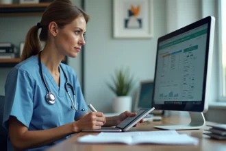 Vétérinaire femme en scrubs consulte logiciel clinique